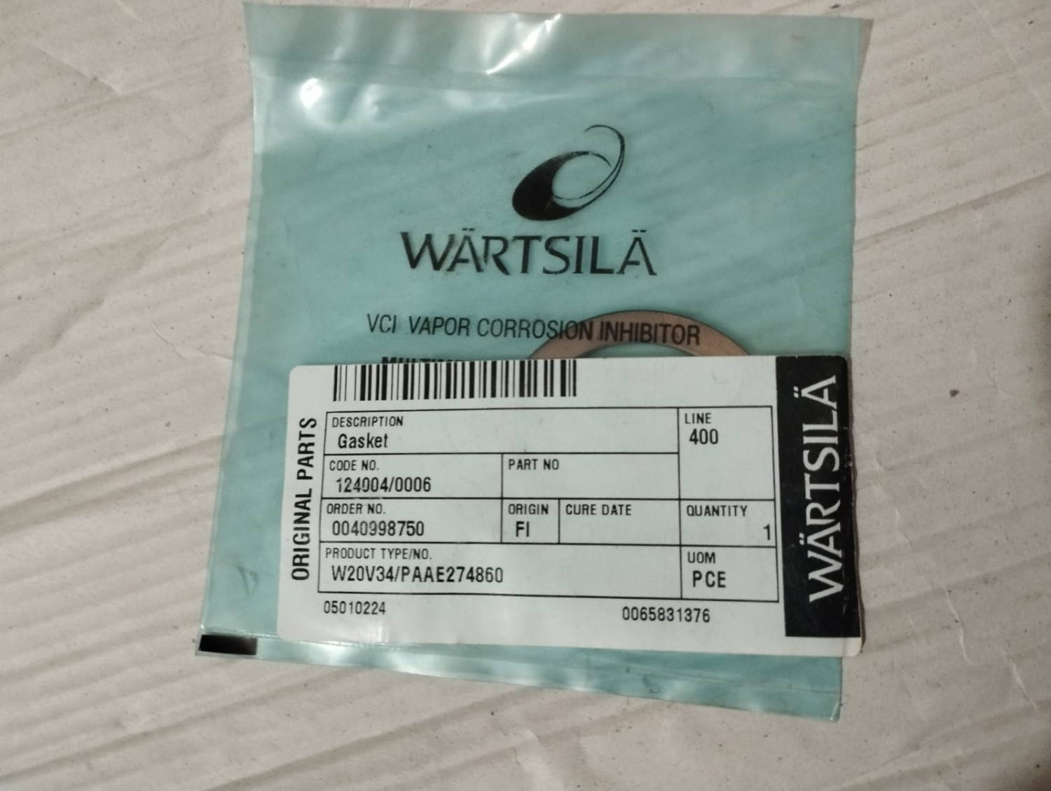 Wartsila Gasket 124004, W20V34/PAAE274860 | Brand New |